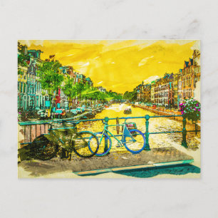 Carte Postale AMSTERDAM, I Love Pays-Bas Watercolor Canals