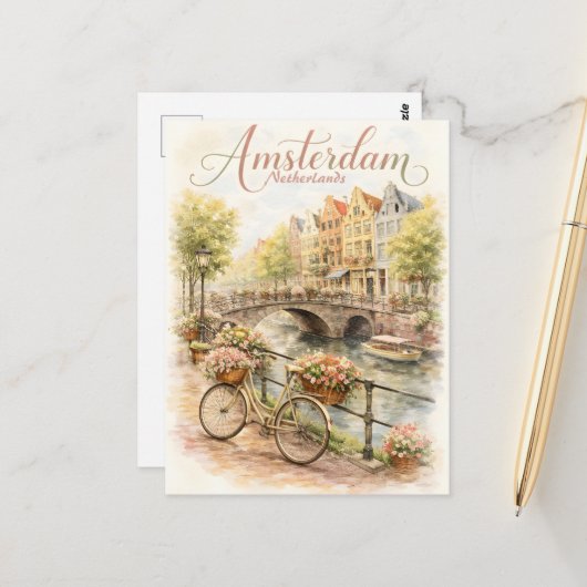 Carte Postale Amsterdam Pays-Bas aquarelle (Devant/Arrière en situation)
