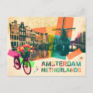 Carte Postale Amsterdam Pays-Bas Canal Art de voyage Pop Vintage