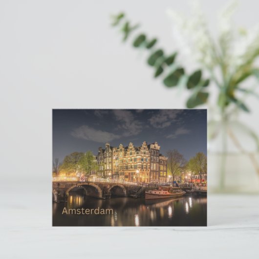 Carte Postale Amsterdam, Pays-Bas City Bridge Vue nocturne (Debout devant)