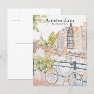 Carte Postale Amsterdam Pays-Bas Gouache Illustration Voyage