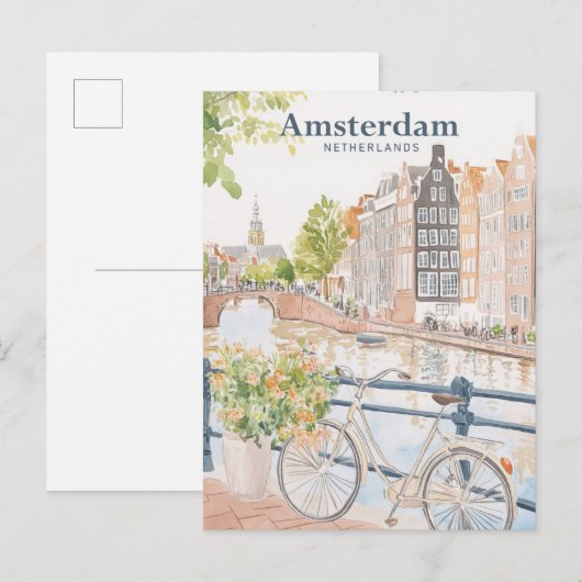 Carte Postale Amsterdam Pays-Bas Gouache Illustration Voyage (Devant / Derrière)