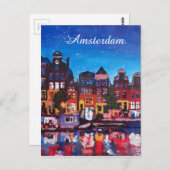 Carte Postale Amsterdam Skyline Avec Canal La Nuit (Devant / Derrière)