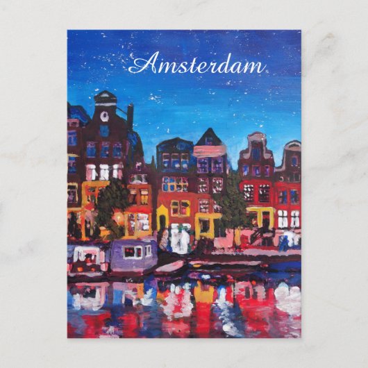 Carte Postale Amsterdam Skyline Avec Canal La Nuit (Devant)