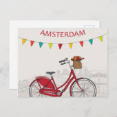 Carte Postale Amsterdam, vélo rouge dans la rue, illustration (Devant / Derrière)