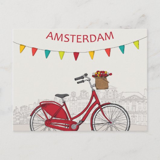 Carte Postale Amsterdam, vélo rouge dans la rue, illustration (Devant)