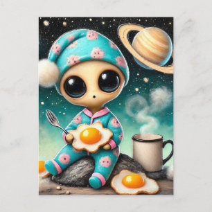 Carte Postale Amusant Alien avec des oeufs frits dans l'espace