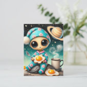 Carte Postale Amusant Alien avec des oeufs frits dans l'espace (Debout devant)