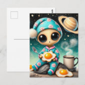 Carte Postale Amusant Alien avec des oeufs frits dans l'espace (Devant / Derrière)