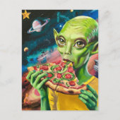 Carte Postale Amusant Alien dans l'espace manger de la pizza (Devant)
