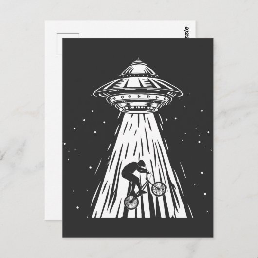 Carte Postale Amusant cyclisme bmx Alien Ufo Biker enlèvement (Devant / Derrière)