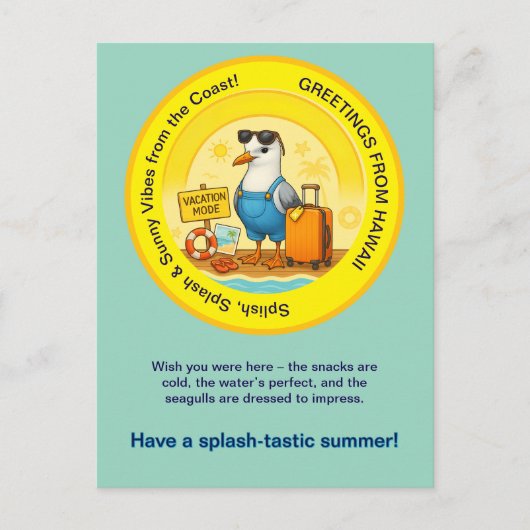 Carte Postale amusant goéland spashtastique destination ensoleil (Devant)