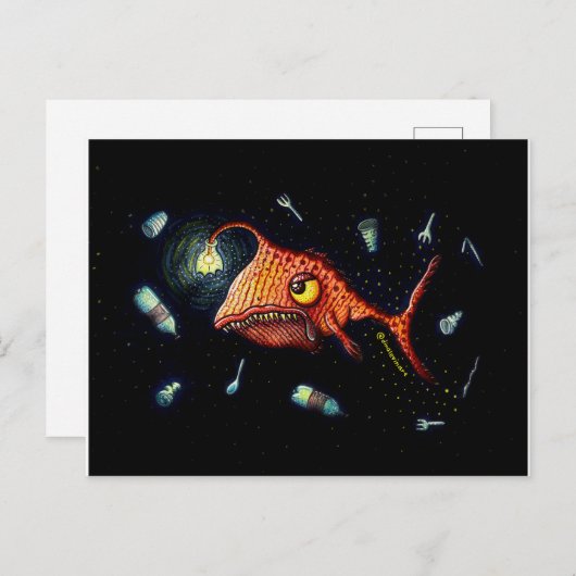 Carte Postale Amusant poisson-pêcheur en colère avec pollution p (Devant / Derrière)