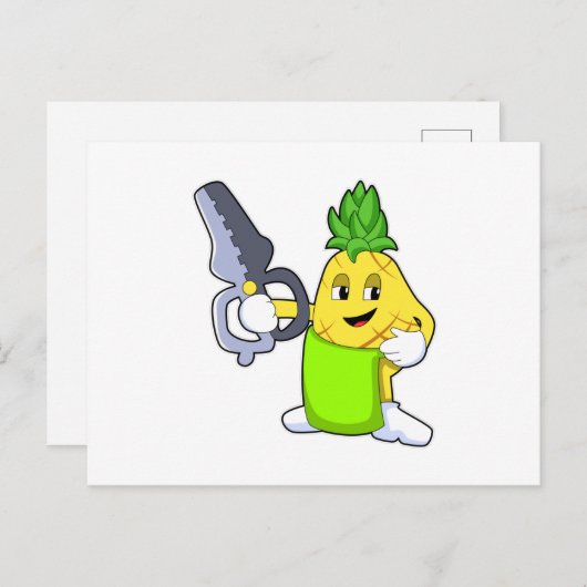 Carte Postale Ananas comme coiffeur avec ciseaux et razor (Devant / Derrière)