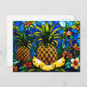 Carte Postale Ananas en verre tendu et fleurs tropicales (Devant / Derrière)