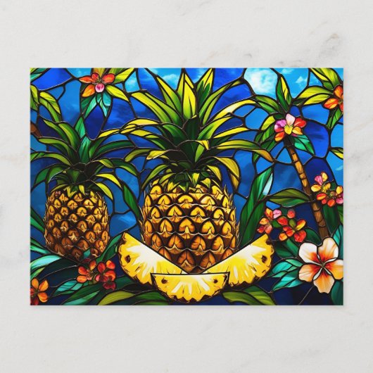 Carte Postale Ananas en verre tendu et fleurs tropicales (Devant)