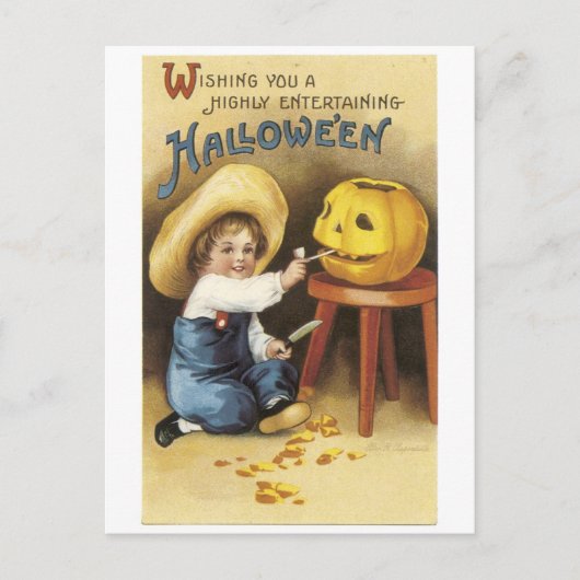 Carte Postale Ancien Halloween, le garçon fait Jack-o-lanterne (Devant)