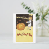 Carte Postale Ancien Halloween, le garçon rencontre Jack-o-lante (Debout devant)