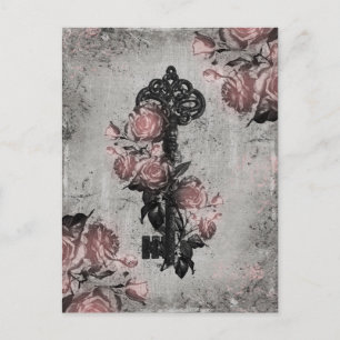 Carte Postale Ancienne clé et Rose