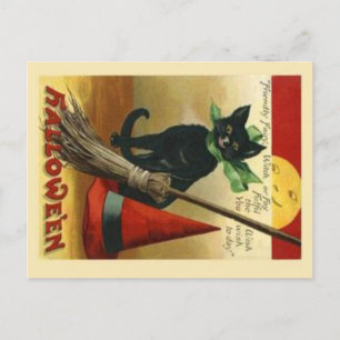 Carte postale ancienne de chat et balai d'Hallowee