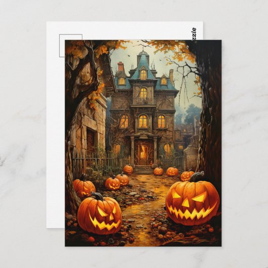 Carte Postale Ancienne maison Éffrayante hantée Halloween (Devant / Derrière)