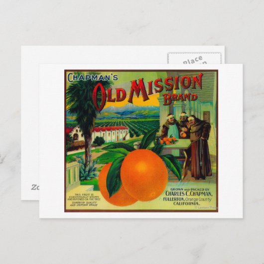 Carte Postale Ancienne mission Orange LabelFullerton, CA (Devant / Derrière)