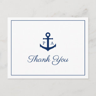 Carte Postale Ancre bleue Monogramme Mariage nautique Merci