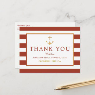 Carte Postale Ancre en or nautique, brique rouge et or Merci
