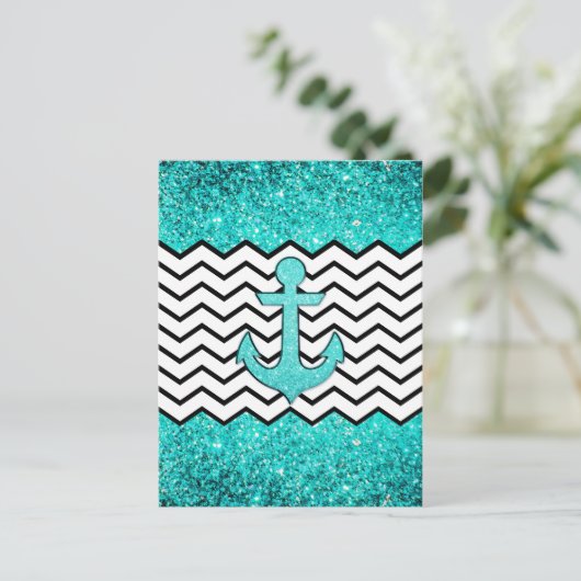 Carte Postale ancre et chevron turquoise parties scintillant (Debout devant)