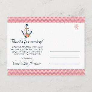 Carte Postale Ancre nautique Floral Baby Girl Douche Merci
