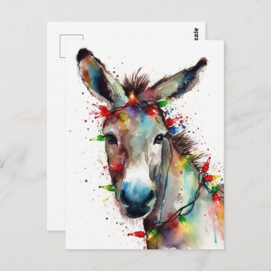 Carte Postale Âne de Noël à l'aquarelle (Devant / Derrière)