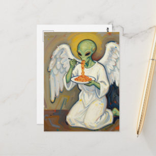 Carte Postale Ange Alien Vert Mangeant des Spaghettis
