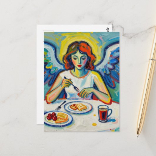 Carte Postale Ange Coloré au Petit Déjeuner (Devant/Arrière en situation)