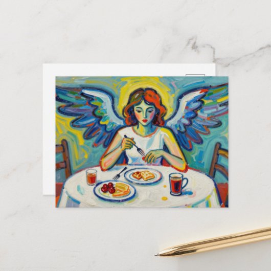 Carte Postale Ange Coloré au Petit Déjeuner (Devant/Arrière en situation)