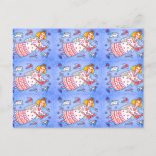 CARTE POSTALE ANGE D'ART FOLK, CHAT ET COEURS DE VOL VALENTINE