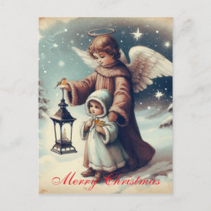 Carte Postale Ange de Noël, Enfant et Oiseaux