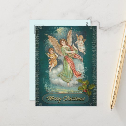 Carte Postale Ange de Noël Vintage & Cherubs (Devant/Arrière en situation)