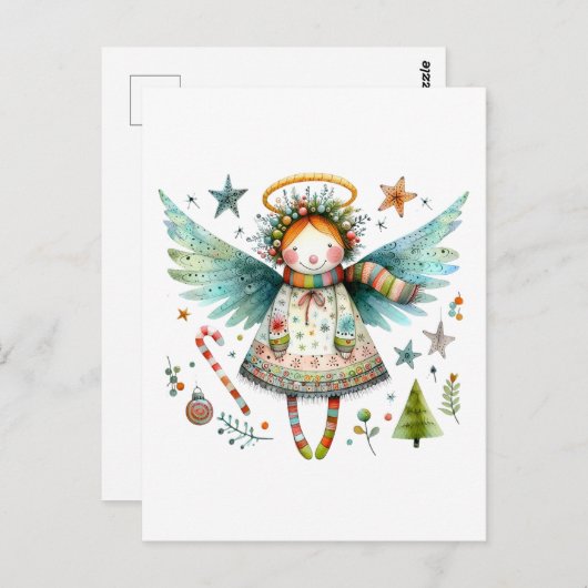 Carte Postale Ange de Noël Whimsical Style d'art populaire moder (Devant / Derrière)