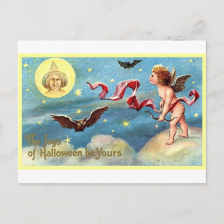 Carte Postale Ange d'Halloween, chauve-souris, lune