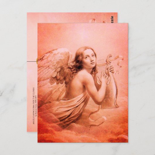 Carte Postale ANGE JOUE LA LYRE SUR LES NUAGES Teintes rouges (Devant / Derrière)