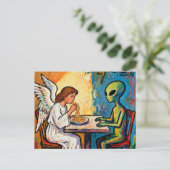 Carte Postale Ange mangeant des spaghetti avec un extraterrestre (Debout devant)