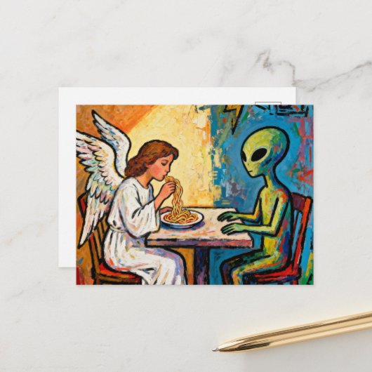 Carte Postale Ange mangeant des spaghetti avec un extraterrestre (Devant/Arrière en situation)