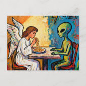 Carte Postale Ange mangeant des spaghetti avec un extraterrestre (Devant)