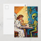 Carte Postale Ange mangeant des spaghetti avec un extraterrestre (Devant / Derrière)