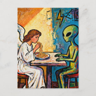 Carte Postale Ange mangeant des spaghetti avec un extraterrestre