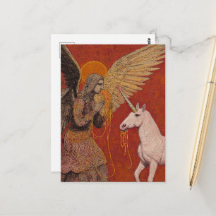 Carte Postale Ange mangeant des spaghetti avec une licorne