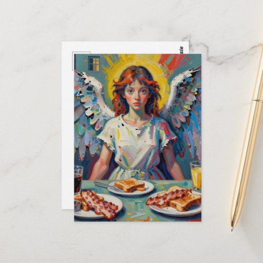 Carte Postale Ange mangeant son petit-déjeuner (Devant/Arrière en situation)