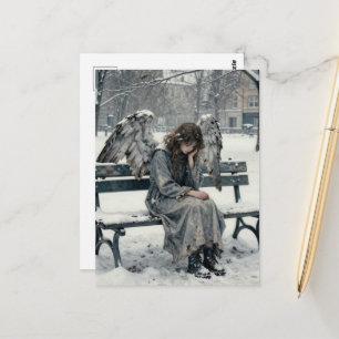Carte Postale Ange mélancolique dans un parc enneigé dessin à l'