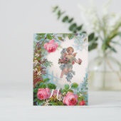 CARTE POSTALE ANGE ROMANTIQUE RASSEMBLANT ROSES ET FLEURS ROSES  (Debout devant)