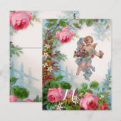 CARTE POSTALE ANGE ROMANTIQUE RASSEMBLANT ROSES ET FLEURS ROSES  (Devant / Derrière)